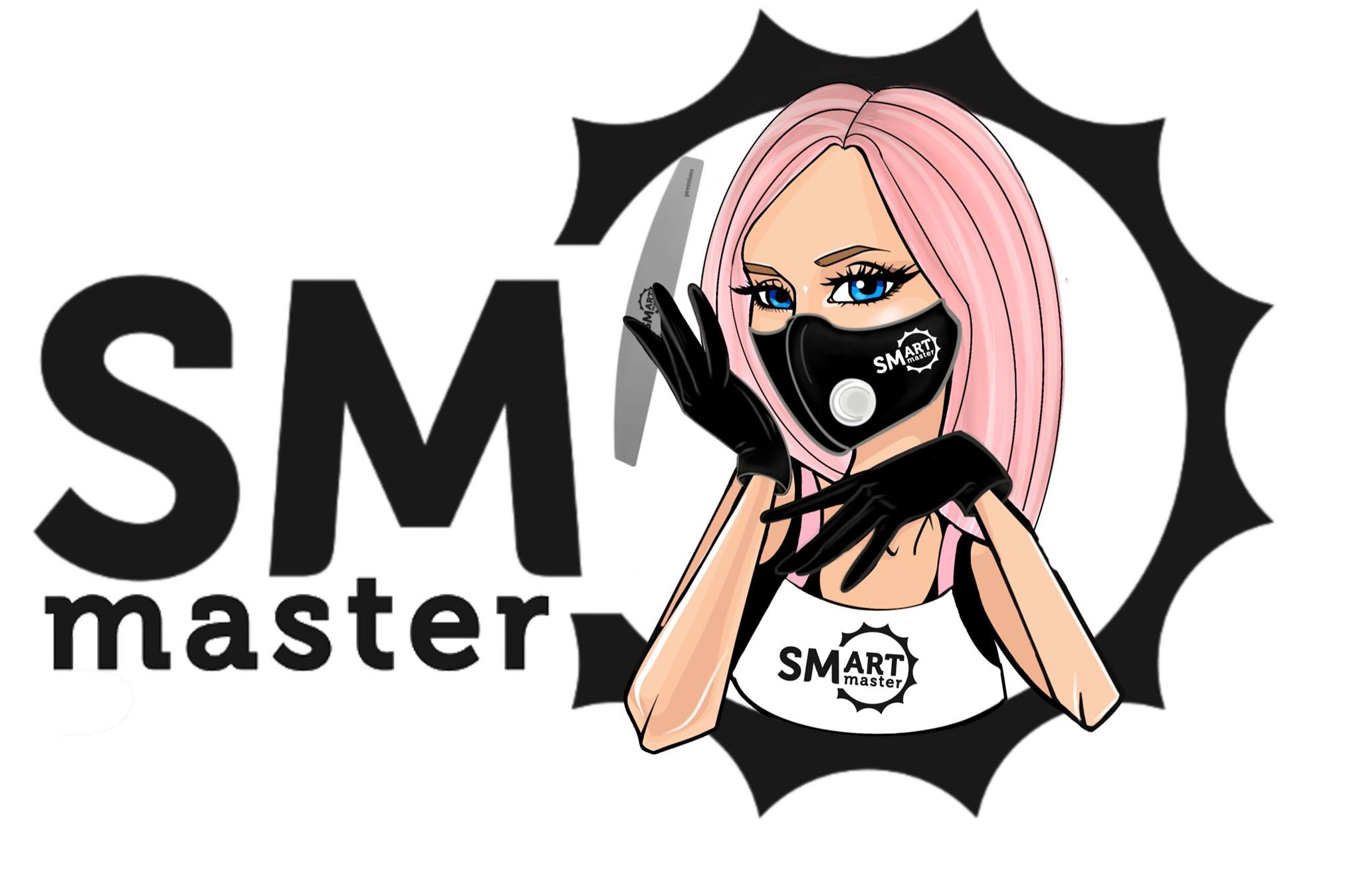 Illustration einer Frau mit rosa Haaren, die eine schwarze Maske mit der Aufschrift 'SMART master' trägt. Sie trägt außerdem schwarze Handschuhe und hält ein Werkzeug in der Hand. Im Hintergrund ist der Schriftzug 'SMART master' zu sehen.